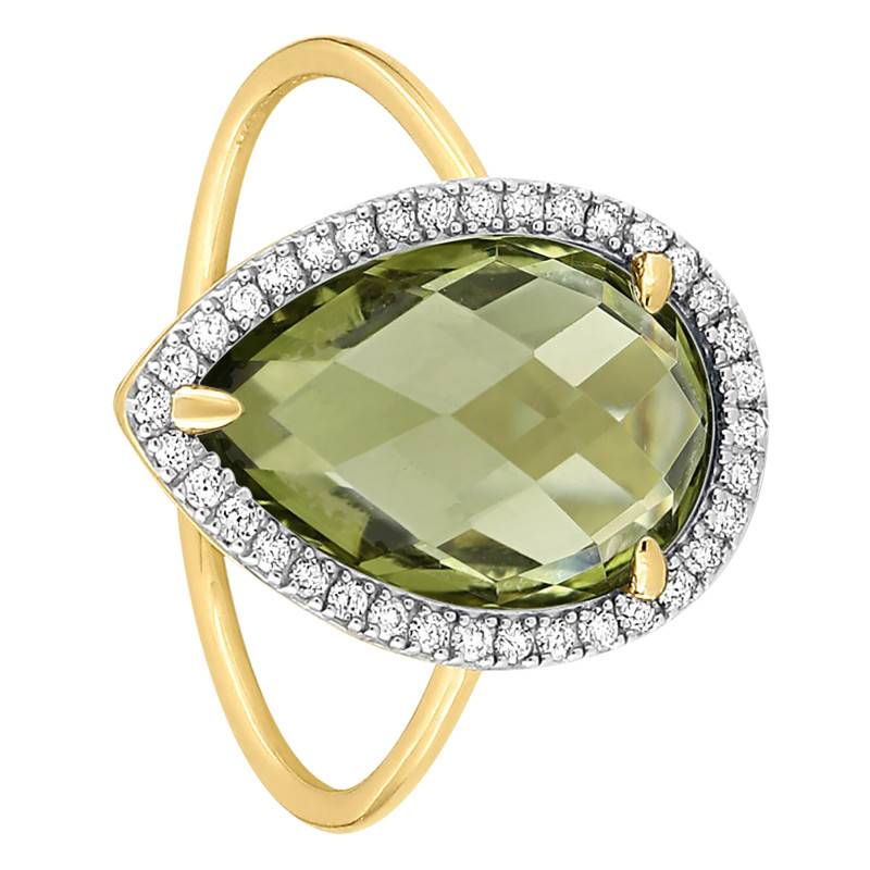 750/1000 Yellow Gold Teardrop Alma Ring with Diamonds and Olive Quartz - Morganne Bello