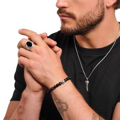 925 Silver & Obsidian Rebel Wolf Bracelet, Length 16 cm to 19 cm - A2145-705-11 - Thomas Sabo