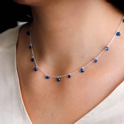 Collier Pierres Cœurs Bleus & Argent, Longueur de 40 à 45 cm - Emanessence