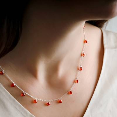 Collier Pierres Cœurs Rouges & Argent, Longueur de 40 à 45 cm - Emanessence