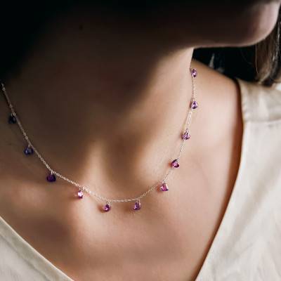 Collier Pierres Cœurs Violets & Argent, Longueur de 40 à 45 cm - Emanessence