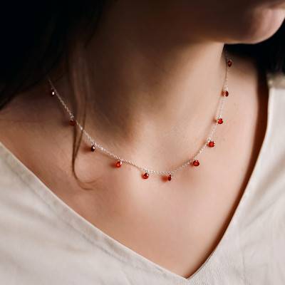 925 Silver & Round Red Stone Necklace, Length 40 cm to 45 cm - Ocarat