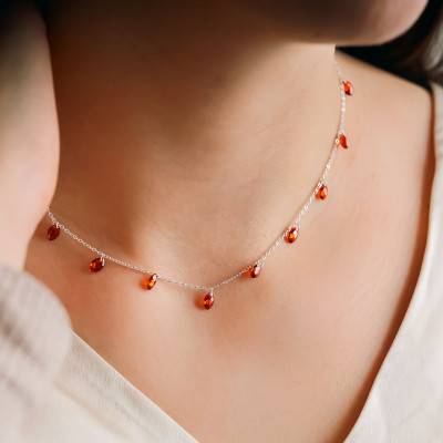 925 Silver & Red Marquise Stone Necklace, Length 40 cm to 45 cm - Ocarat