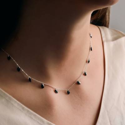 925 Silver & Black Marquise Stone Necklace, Length 40 cm to 45 cm - Ocarat