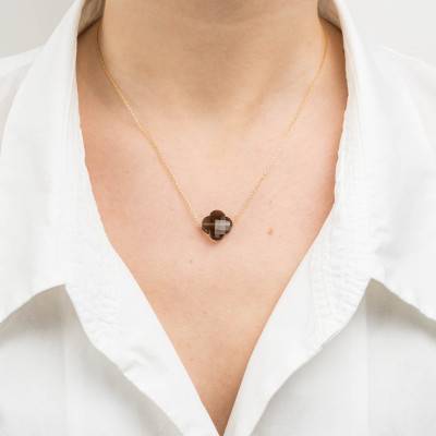 750 Yellow Gold & Smoky Quartz Clover Necklace, 42 cm - Morganne Bello