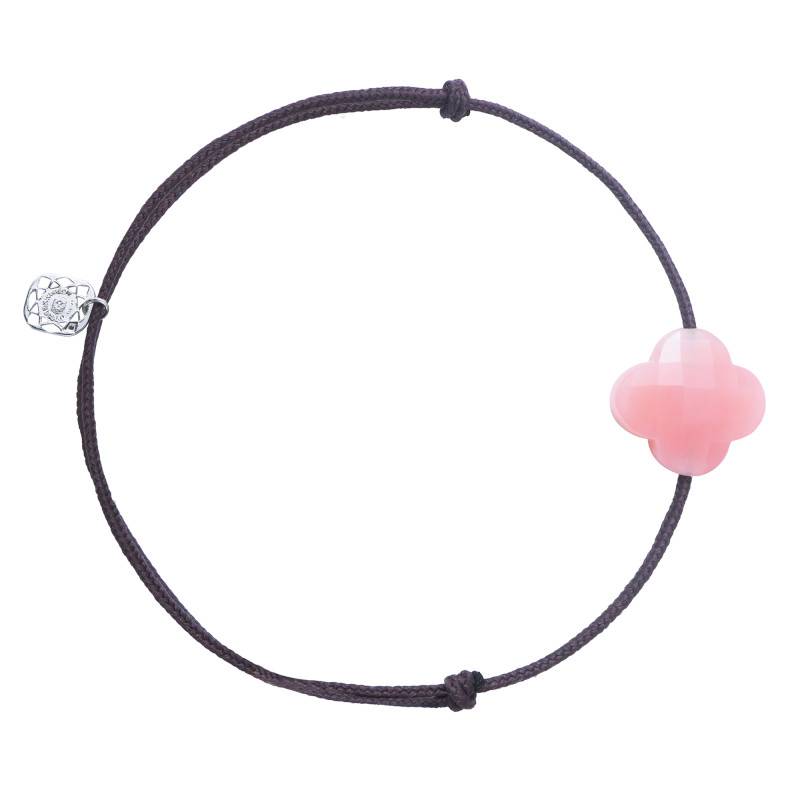 Taupe Cord Clover 925 Silver & Pink Opal Adjustable Length Bracelet - Morganne Bello