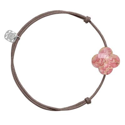 925 Silver Taupe Cord Clover & Rhodochrosite Bracelet, Adjustable Length - Morganne Bello