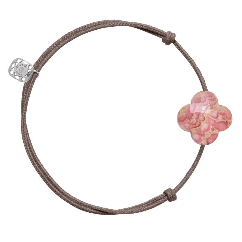 925 Silver Taupe Cord Clover & Rhodochrosite Bracelet, Adjustable Length - Morganne Bello