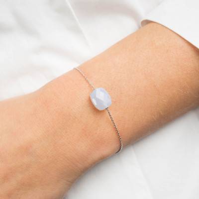 Bracelet Agate Bleue Coussin & Or Blanc 750, Longueur 17 cm Ajustable - Morganne Bello