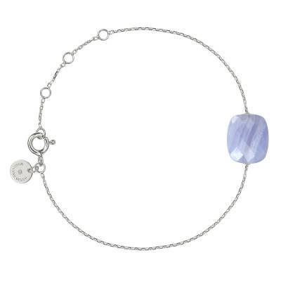 Bracelet Agate Bleue Coussin & Or Blanc 750, Longueur 17 cm Ajustable - Morganne Bello