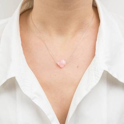 Collier Quartz Rose Poudré Trèfle & Or Blanc 750, Longueur 42 cm Ajustable - Morganne Bello