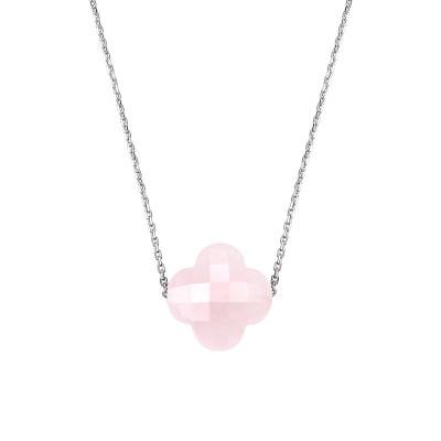 Collier Quartz Rose Poudré Trèfle & Or Blanc 750, Longueur 42 cm Ajustable - Morganne Bello