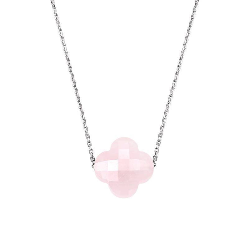 750 White Gold & Powder Pink Quartz Clover Necklace, Adjustable Length 42 cm - Morganne Bello