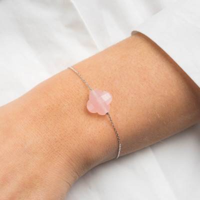 Bracelet Quartz Rose Poudré Trèfle & Or Blanc 750, Longueur 17 cm Ajustable - Morganne Bello