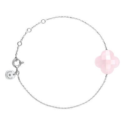 Bracelet Quartz Rose Poudré Trèfle & Or Blanc 750, Longueur 17 cm Ajustable - Morganne Bello