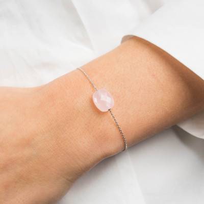 Bracelet Quartz Rose Poudré Coussin & Or Blanc 750, Longueur 17 cm Ajustable - Morganne Bello