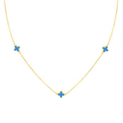Collier Trèfle Turquoises & Or Jaune 375, Longueur de 41 à 43 cm - Emanessence