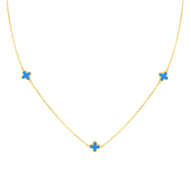 Yellow Gold 375 & Turquoise Clover Necklace, Length 41 cm to 43 cm - Emanessence