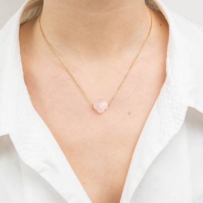 Collier Quartz Rose Poudré Trèfle & Or Jaune 750, Longueur 42 cm Ajustable - Morganne Bello