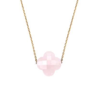 Collier Quartz Rose Poudré Trèfle & Or Jaune 750, Longueur 42 cm Ajustable - Morganne Bello