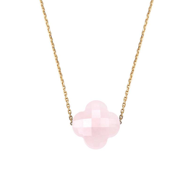 750 Yellow Gold & Powder Pink Quartz Clover Necklace, Adjustable Length 42 cm - Morganne Bello