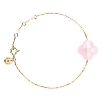 750 Yellow Gold & Powder Pink Quartz Clover Bracelet, Adjustable Length 17 cm - Morganne Bello
