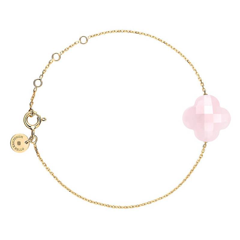 750 Yellow Gold & Powder Pink Quartz Clover Bracelet, Adjustable Length 17 cm - Morganne Bello