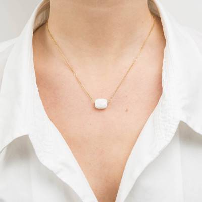 750 Yellow Gold & Cushion White Agate Necklace, Adjustable Length 42 cm - Morganne Bello