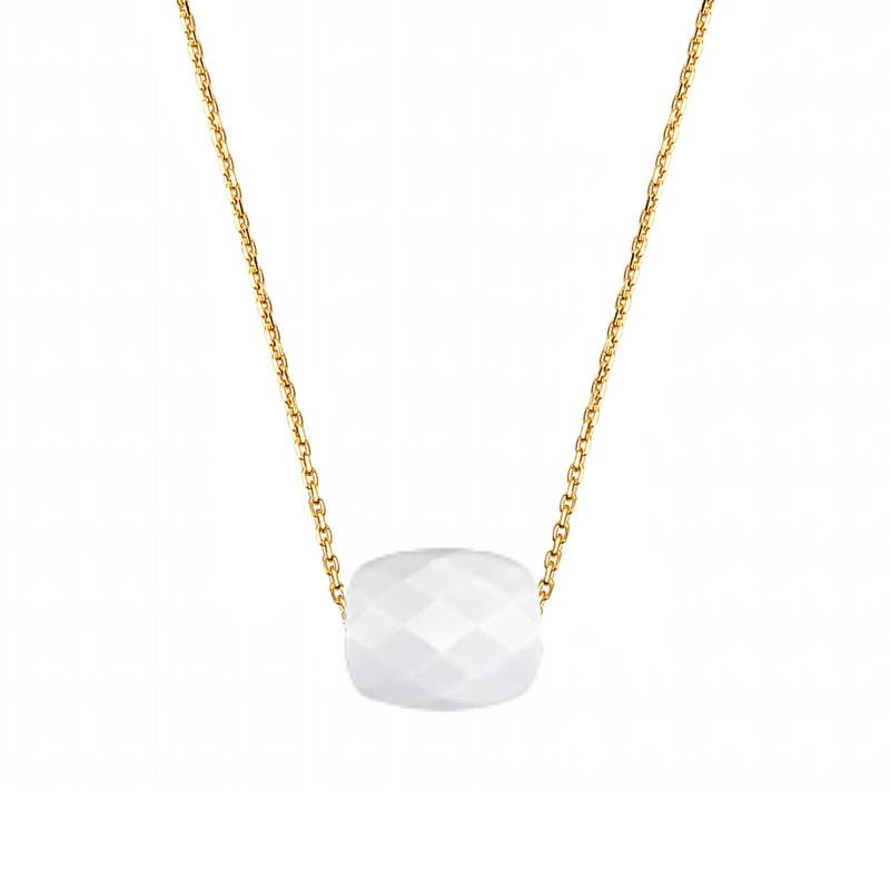 750 Yellow Gold & Cushion White Agate Necklace, Adjustable Length 42 cm - Morganne Bello