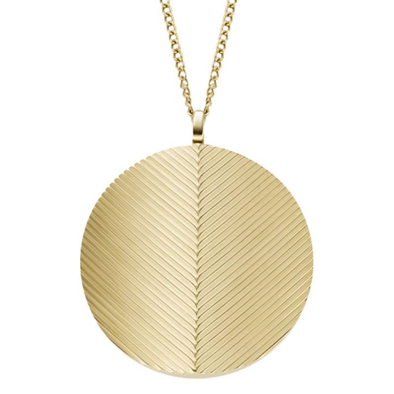 Harlow Locket Round Ridged Gold-Tone Steel Necklace, 41 cm Length - Fossil