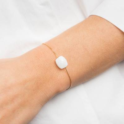 Bracelet Agate Blanche Coussin & Or Jaune 750, Longueur 42 cm Ajustable - Morganne Bello