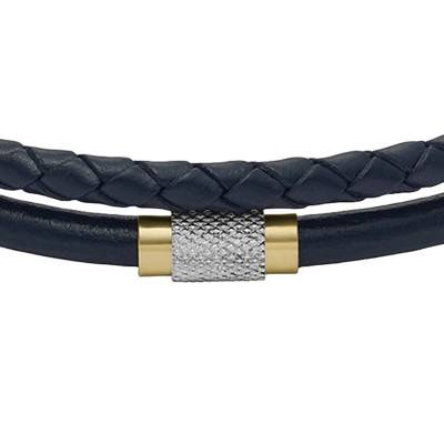 Double Strand All Stacked Up Blue Leather & Two-Tone Steel Bracelet, Length 18.50 cm to 20 cm - Fossil
