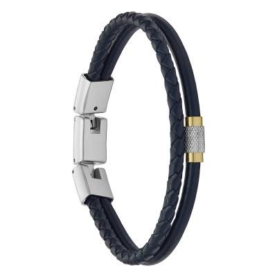 Bracelet Double All Stacked Up en Cuir Bleu & Acier Bicolore, Longueur 18,50 à 20 cm - Fossil
