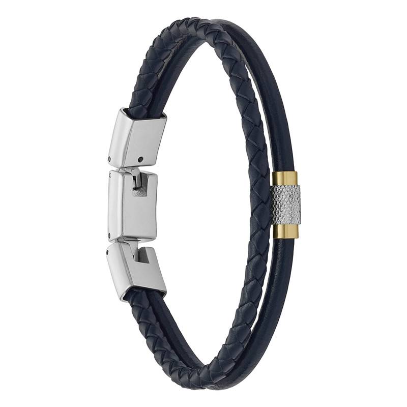 Double Strand All Stacked Up Blue Leather & Two-Tone Steel Bracelet, Length 18.50 cm to 20 cm - Fossil