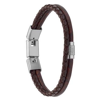 "Double Strand All Stacked Up Brown Leather & Steel Bracelet, Length 18,5 cm à 20 cm" - Fossil