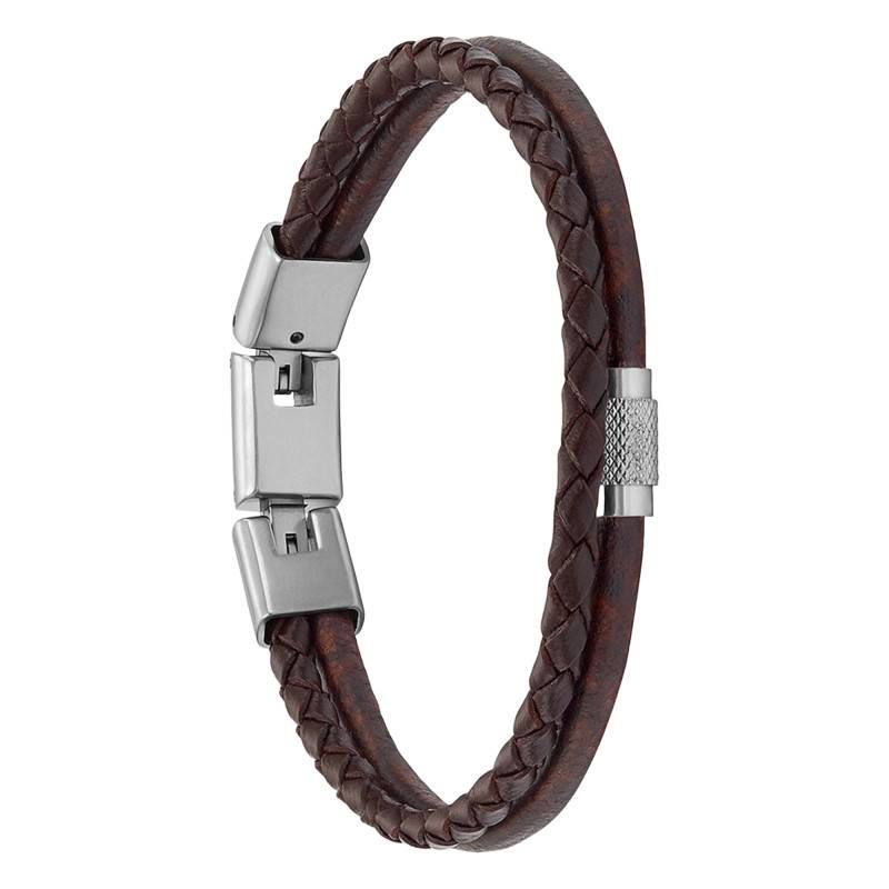 "Double Strand All Stacked Up Brown Leather & Steel Bracelet, Length 18,5 cm à 20 cm" - Fossil