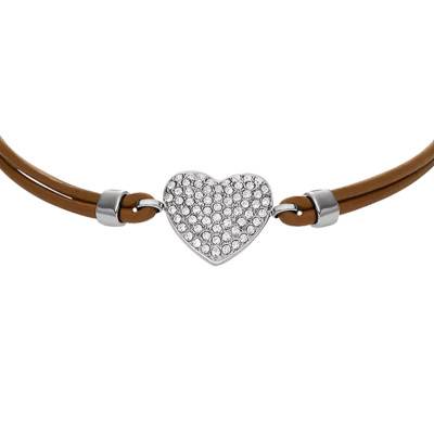 Sadie Heart Brown Leather & Steel Bracelet with Zirconia Stones, 21.60 cm Length - Fossil