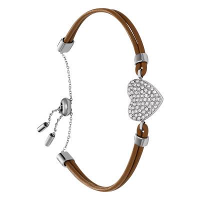 Sadie Heart Brown Leather & Steel Bracelet with Zirconia Stones, 21.60 cm Length - Fossil