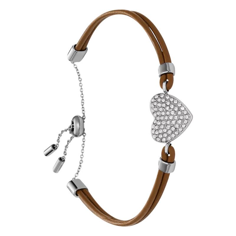 Sadie Heart Brown Leather & Steel Bracelet with Zirconia Stones, 21.60 cm Length - Fossil