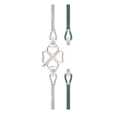Bottle Green Cord Interchangeable Four-Leaf Clover Steel Bracelet, 14 cm to 19 cm - Sila Paris