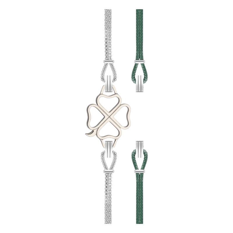 Bottle Green Cord Interchangeable Four-Leaf Clover Steel Bracelet, 14 cm to 19 cm - Sila Paris
