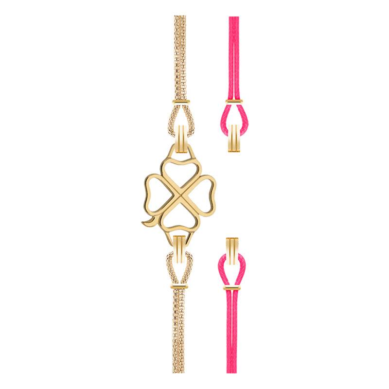 Gold & Neon Fuchsia Interchangeable Gold Four-Leaf Clover Bracelet, 14 cm to 19 cm - Sila Paris