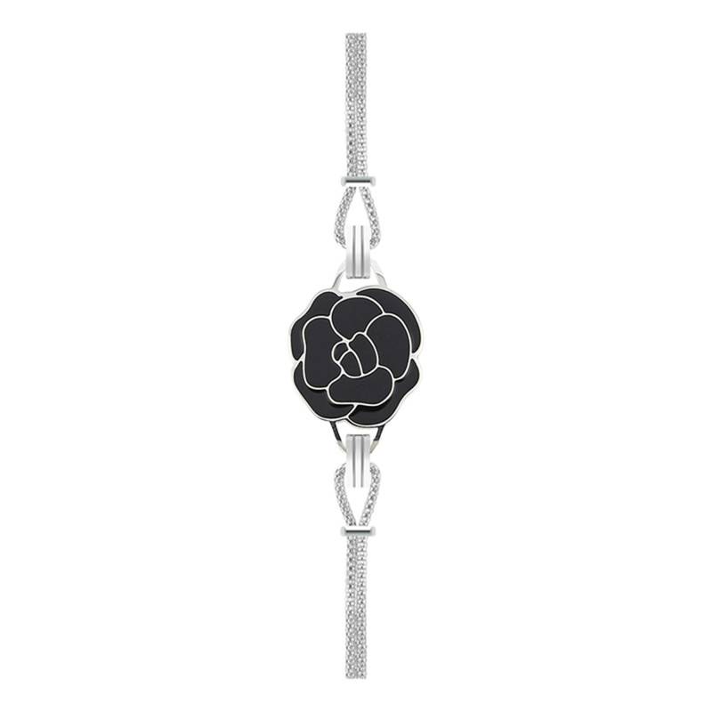 Steel & Black Enamel Gardenia Bracelet, Length 14 cm to 19 cm - Sila Paris