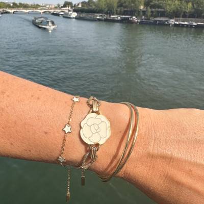 Cream Enamel & Gold Steel Gardenia Bracelet, 14 cm to 19 cm - Sila Paris