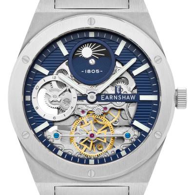 Drake Dual Time Automatic Silver Blue Watch ES-8291-22 - Thomas Earnshaw