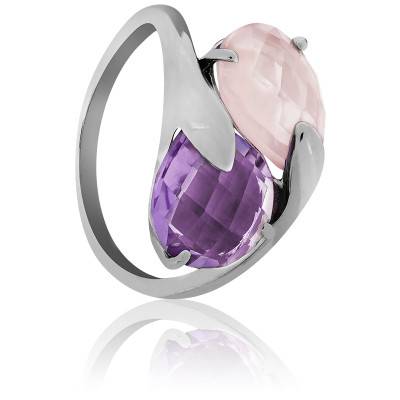 Bague Toi&Moi en Or Blanc 750 & Améthyste et Quartz Rose - Les Valentines