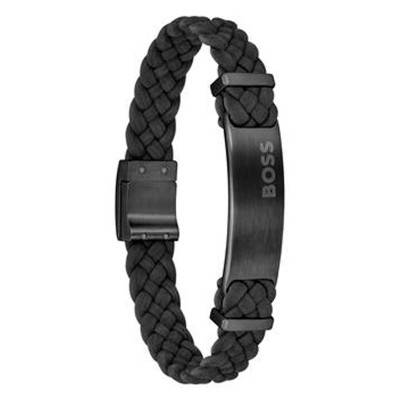 Dylan Black Leather and Stainless Steel Bracelet, 19.50 cm - 1580608M - Boss