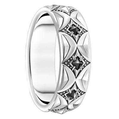 Rebel Wolf Diamond-Pattern Ribbon Ring in 925 Silver & Black Cubic Zirconia - TR2453-643-11 - Thomas Sabo