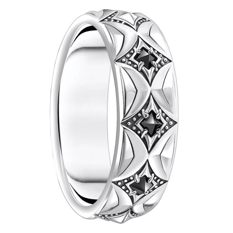 Rebel Wolf Diamond-Pattern Ribbon Ring in 925 Silver & Black Cubic Zirconia - TR2453-643-11 - Thomas Sabo