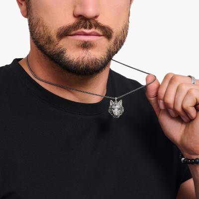 Pendentif Rebel Wolf Tête de Loup en Argent 925 & Zircones Bicolores - PE965-691-21 - Thomas Sabo